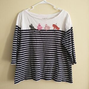 Talbots Top Shirt Women 1XP/LP*Blue White Striped Embrodery Floral Cotton Boat